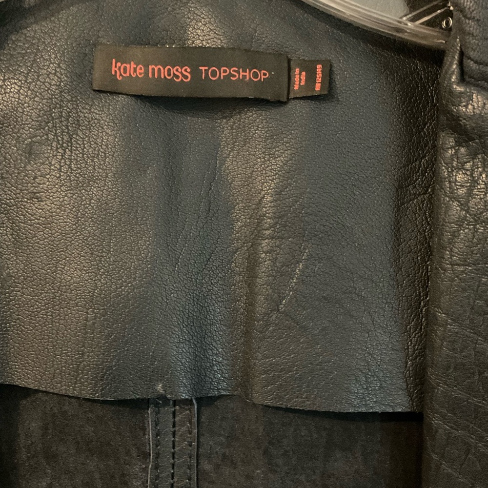 Top Shop Kate Moss leather dark blue navy fringe jacket sz 6 - Picture 3 of 8